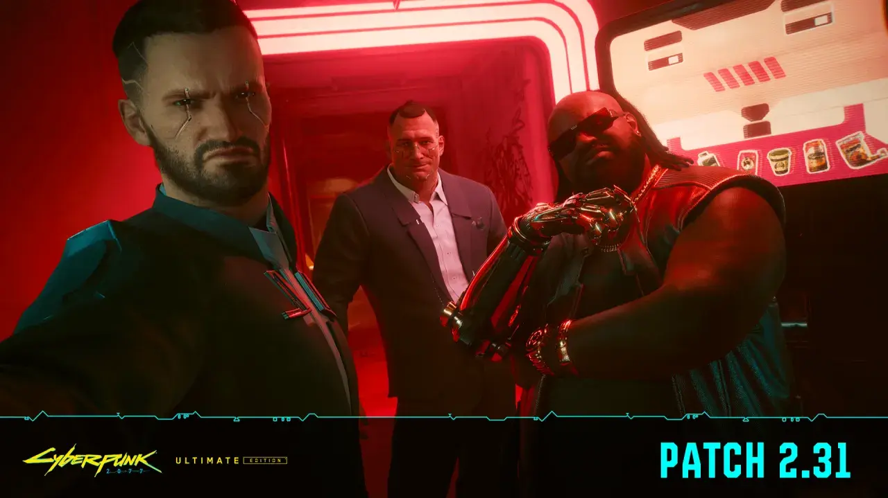 Trzech mężczyzn w neonowym korytarzu. Zbliża się aktualizacja Cyberpunk 2077 Patch 2.31.