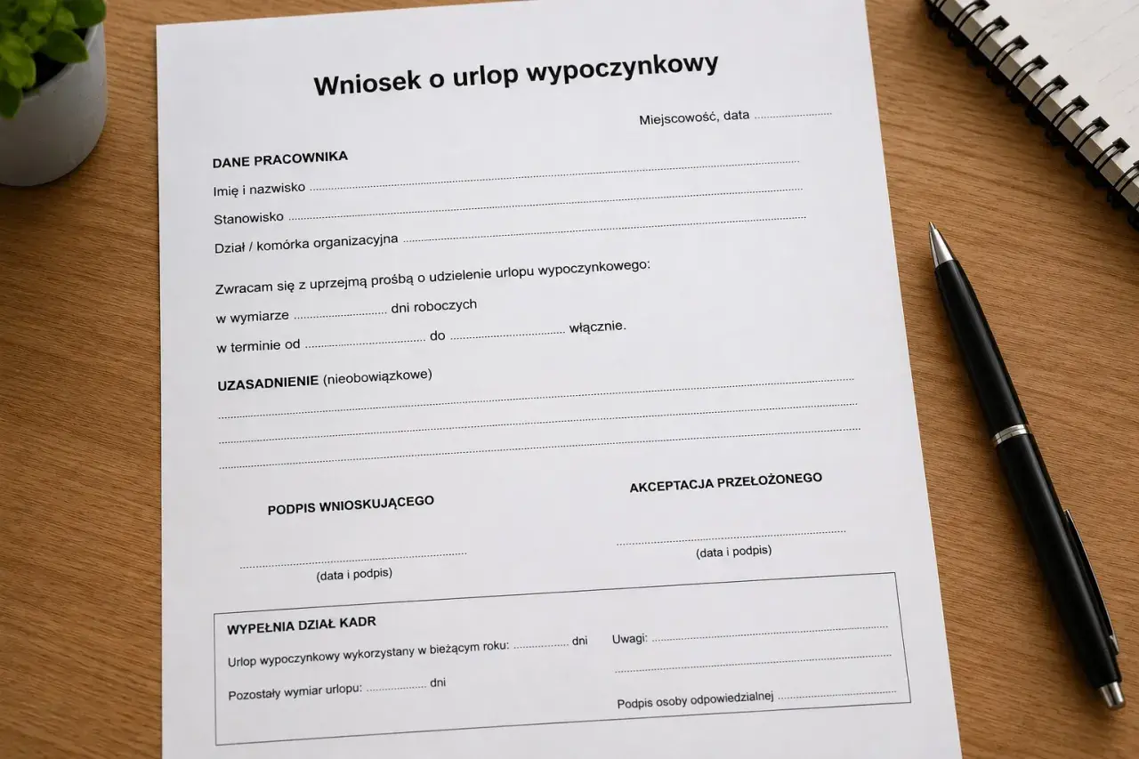 Wniosek o urlop wypoczynkowy. Dokument zawiera pola na dane pracownika, termin urlopu, uzasadnienie, podpisy i akceptację przełożonego. To ważny krok przed planowanym urlopem.