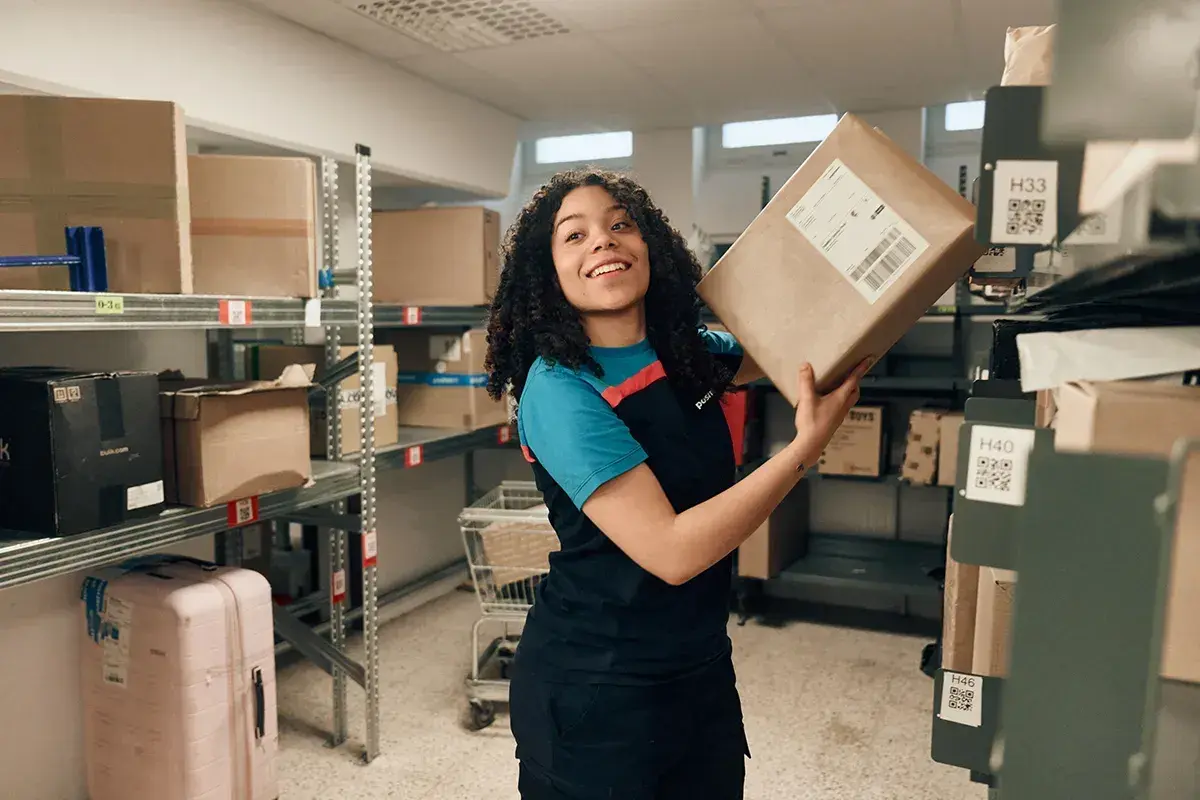 Lächelnde Frau mit Paket in einem Lager, bereit für den Versand. Alle Zollformalitäten sind erledigt.