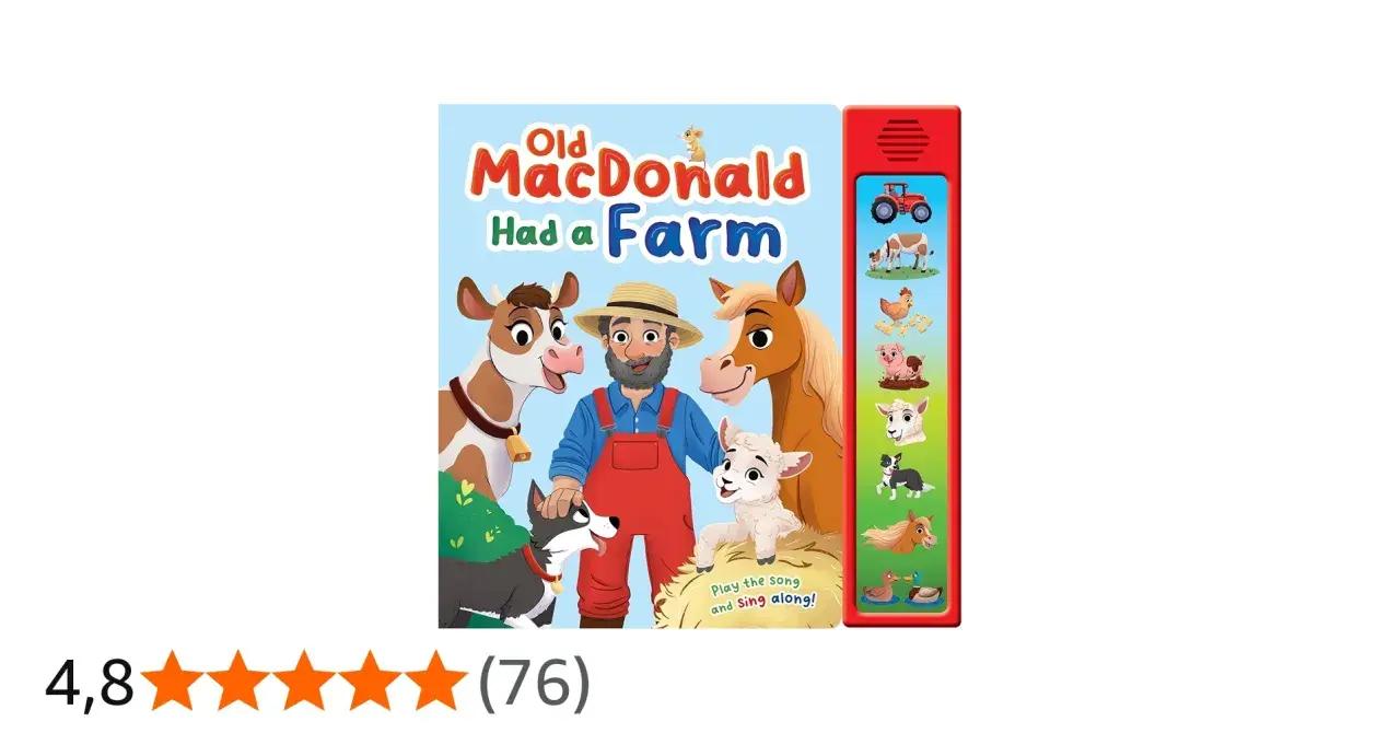Okładka książeczki "Old MacDonald Had a Farm" z wesołym rolnikiem, krową, koniem, owcą, psem i innymi zwierzętami.
