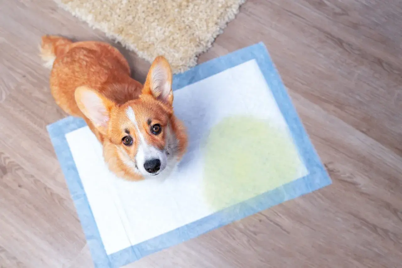 Ein Corgi sitzt auf einer Welpenunterlage, die einen kleinen Fleck hat. Ein süßer Hund mit Inkontinenz, der auf die Unterlage macht.