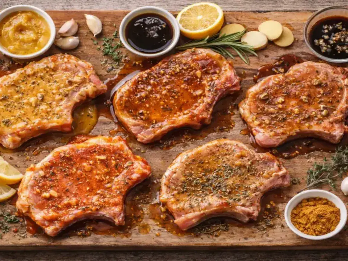 Cinq côtelettes de porc crues, généreusement recouvertes d'une marinade savoureuse, sont disposées sur une planche en bois. Des herbes, de l'ail, du citron et des épices complètent la scène culinaire.