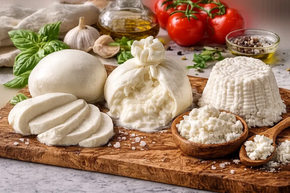 Świeże sery: burrata, mozzarella i ricotta, idealne do przygotowania pysznej ser bruschetta z pomidorami i bazylią.