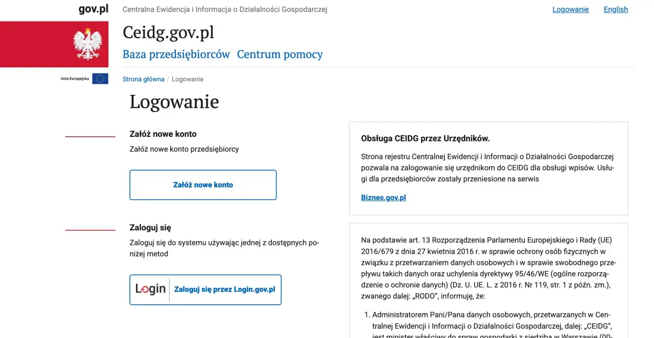 Strona logowania do CEIDG.gov.pl, gdzie można założyć nowe konto lub zalogować się do systemu.