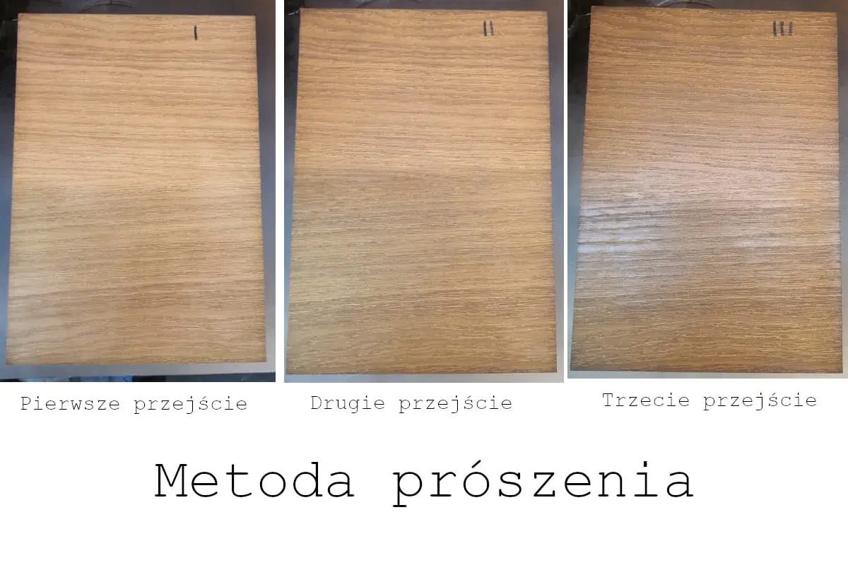 Trzy próbki drewna pokazujące efekt bejcowania: pierwsze przejście, drugie i trzecie. Metoda prószenia.