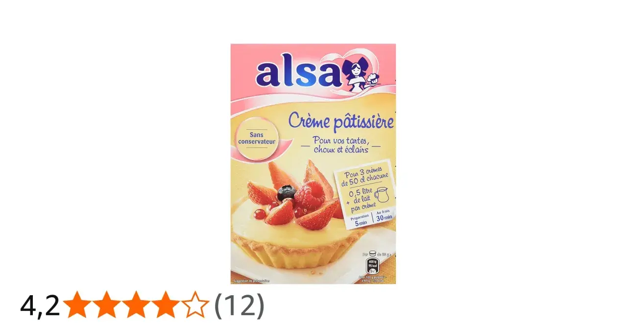 Boîte de crème pâtissière Alsa pour garnir tartes, choux et éclairs. Image d'une tartelette garnie de crème et fruits rouges.