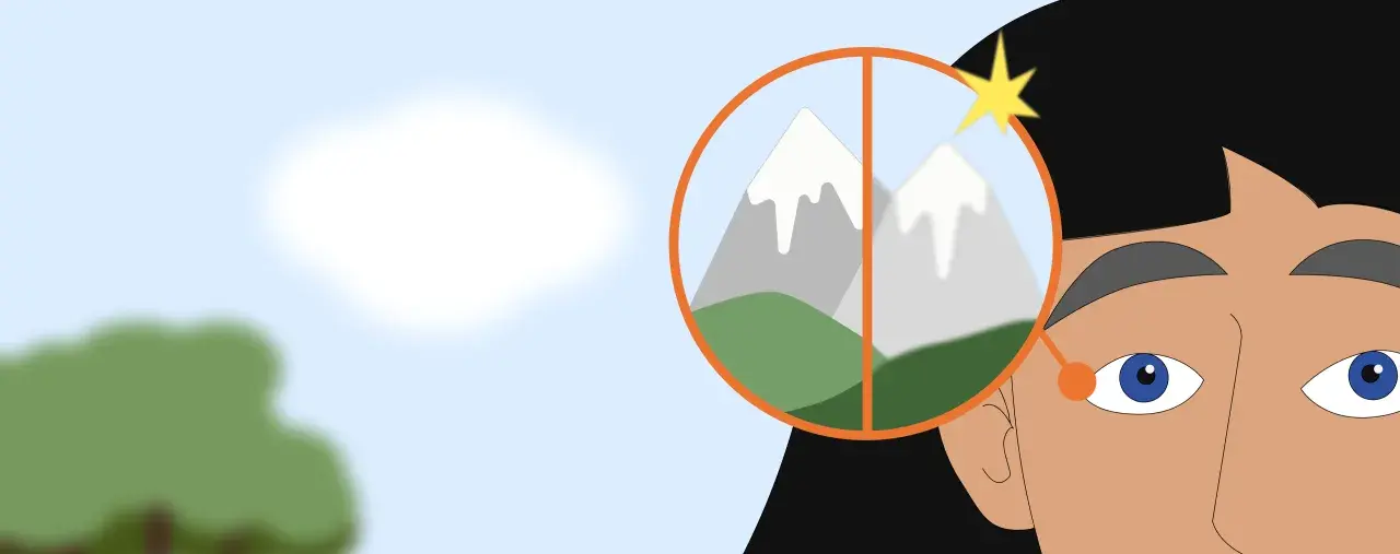 Occhi che osservano montagne, una sfocata, l'altra nitida, forse un problema al neurite ottica.
