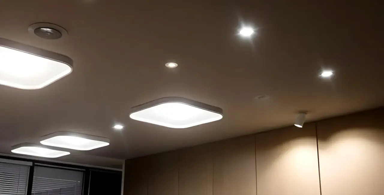 Techo con varias lámparas LED, incluyendo una lámpara LED rectangular grande y otras más pequeñas.