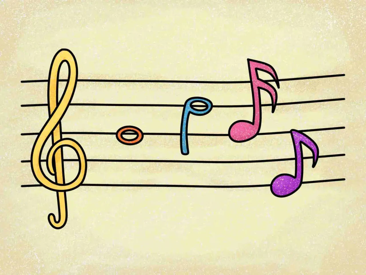 Kolorowe nuty i klucz wiolinowy na pięciolinii.