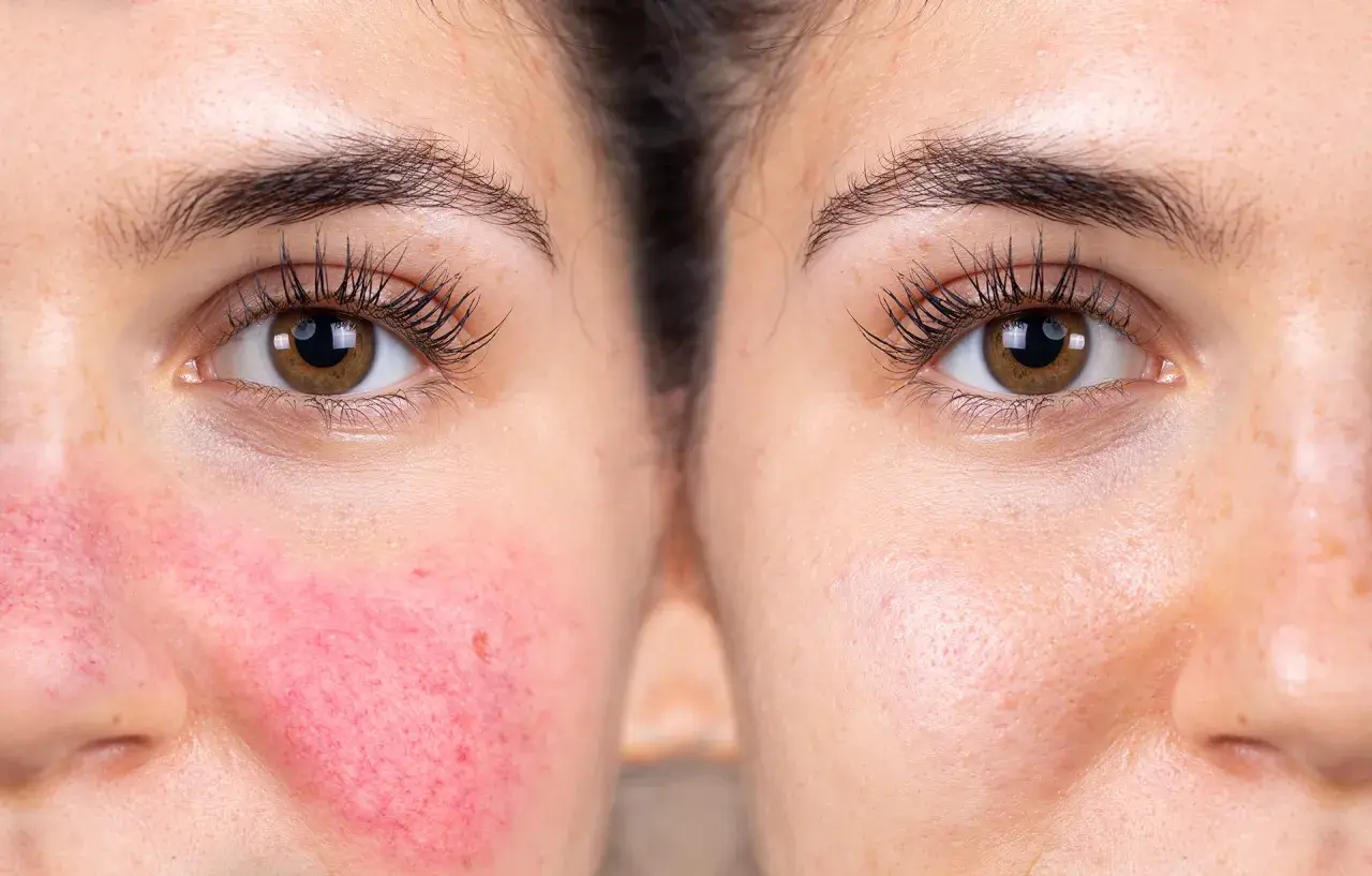 Före- och efterbilder av en ansiktshalva som visar rodnad och synliga blodkärl vid rosacea, jämfört med en klarare hud.