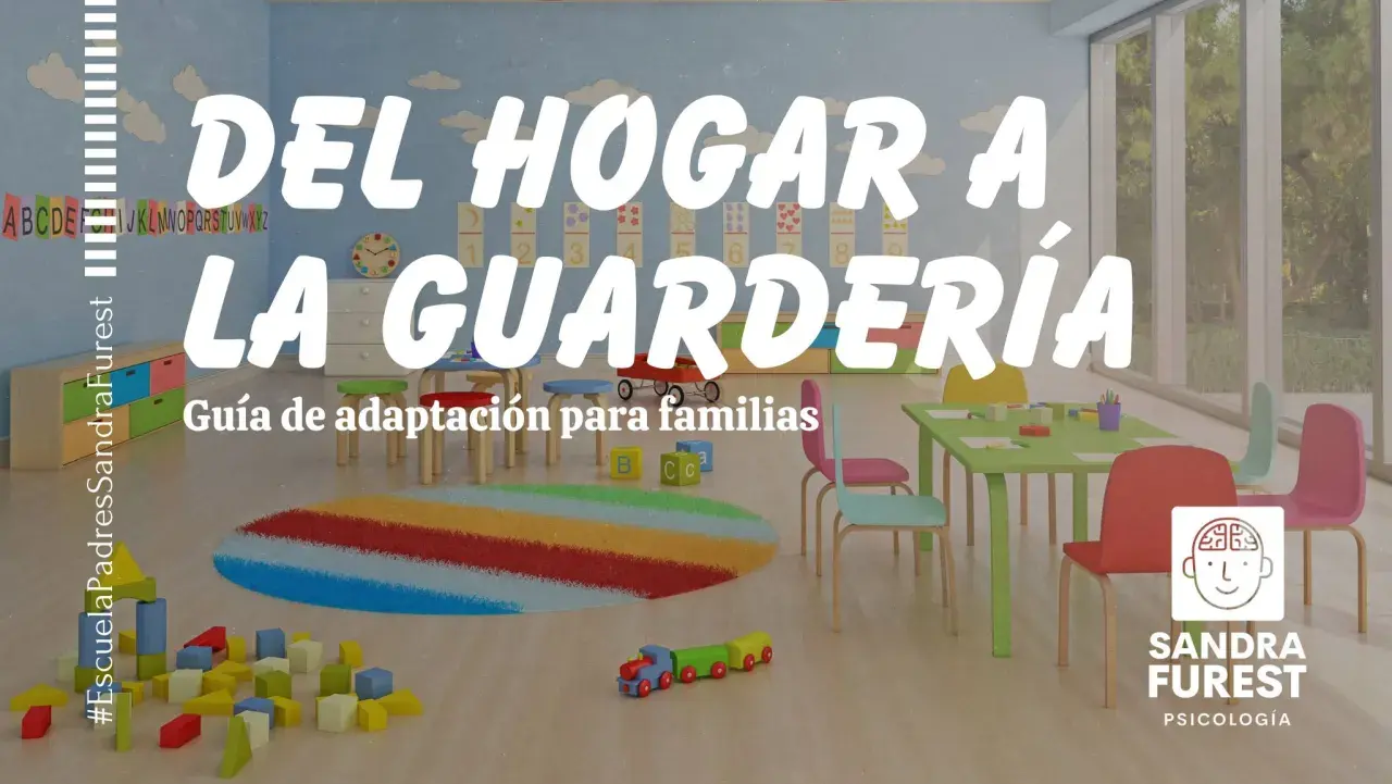 Un aula colorida con mesas, sillas y juguetes. La imagen promociona una guía para la adaptación a la guardería gratis.