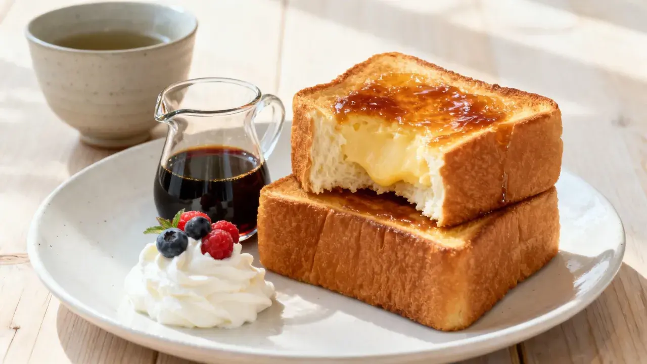Un délicieux pain perdu crémeux, garni de fruits rouges et de chantilly, servi avec du sirop et une tasse de thé.