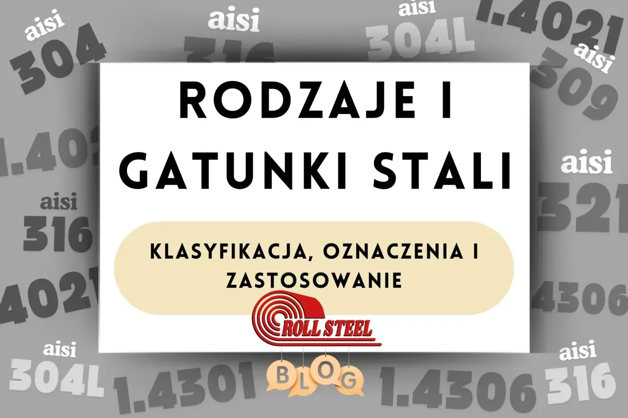 Rodzaje i gatunki stali: klasyfikacja, oznaczenia i zastosowanie. W tle numery gatunków stali, np. 304, 316, 309.