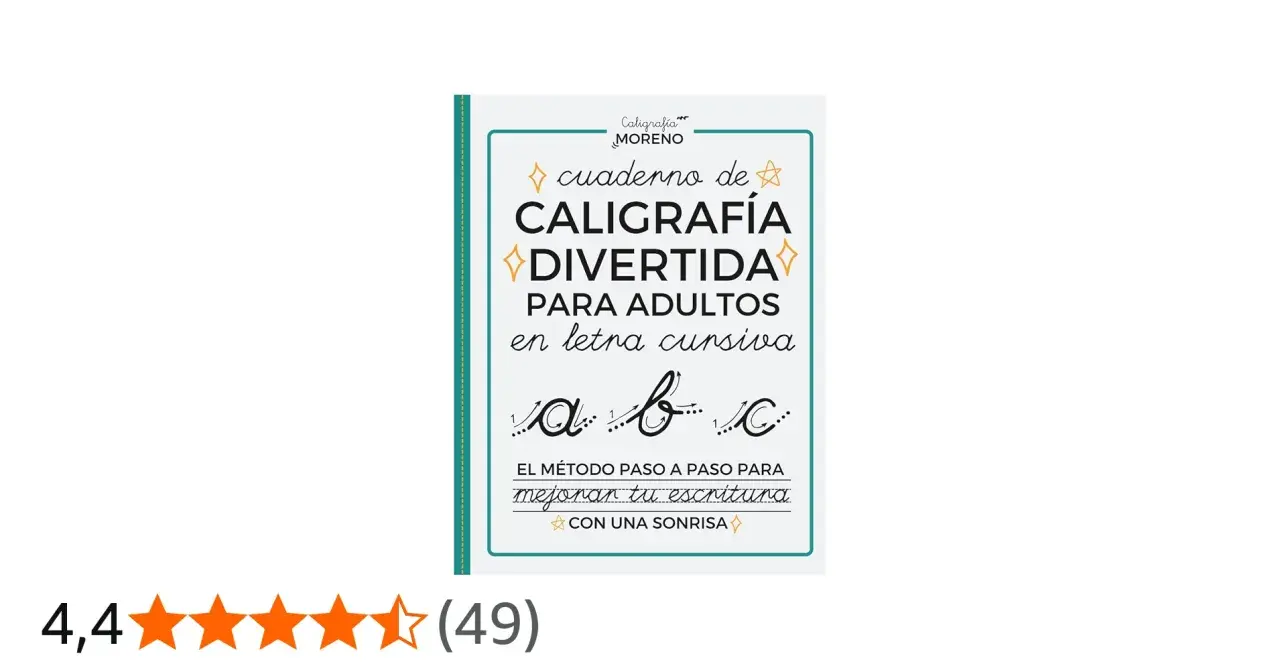 Cuaderno de caligrafía divertida para adultos en letra cursiva, con ejemplos de letras ligadas como "a", "b" y "c".