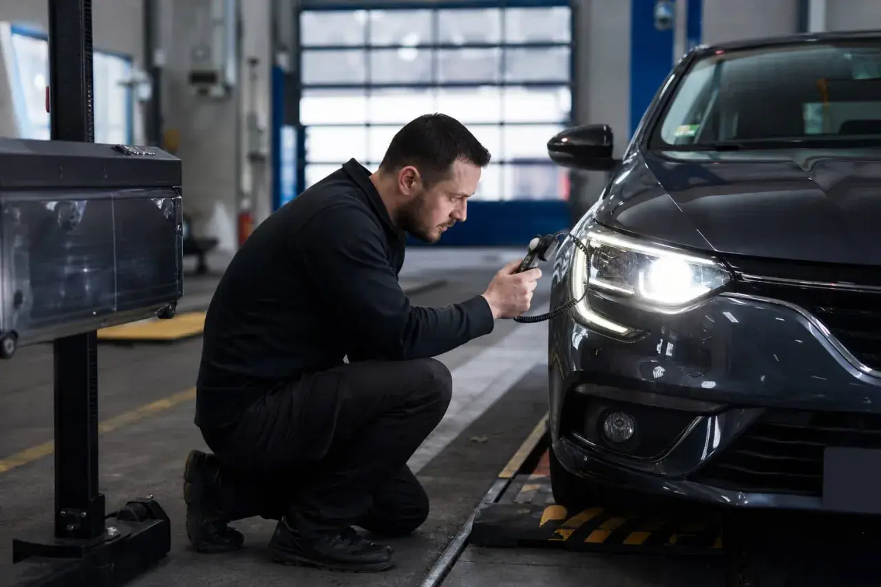 Un technicien vérifie les phares d'une voiture avec un appareil de mesure, assurant la conformité de la barre led pour le contrôle technique.