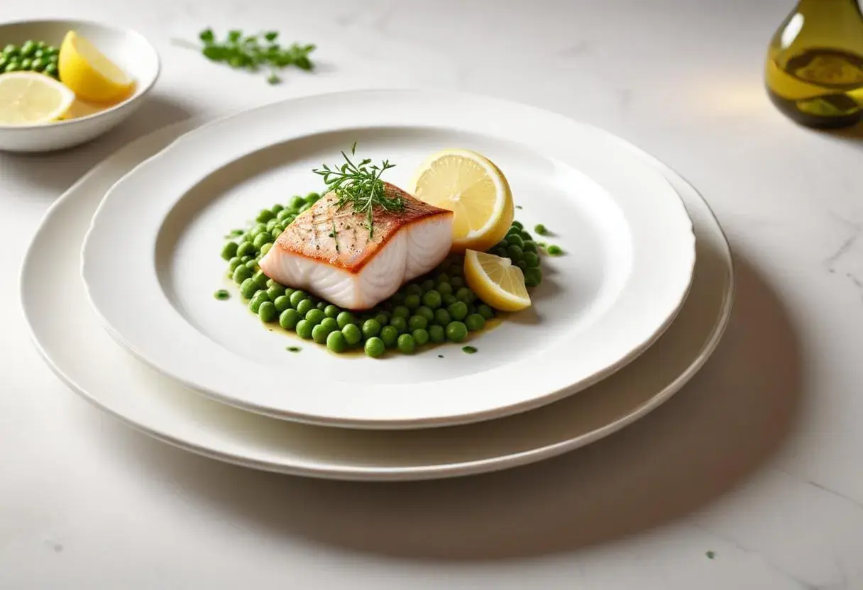 En vacker tallrik med en perfekt tillagad torskrygg, serverad på en bädd av gröna ärtor med citronklyftor. Ett enkelt men elegant torskrygg recept.
