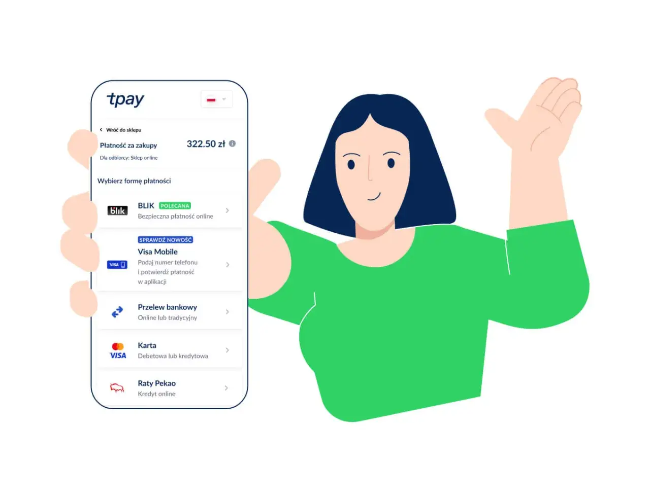 Wybierasz formę płatności na tpay. Dostępne opcje to BLIK, Visa Mobile, przelew bankowy, karta i raty.