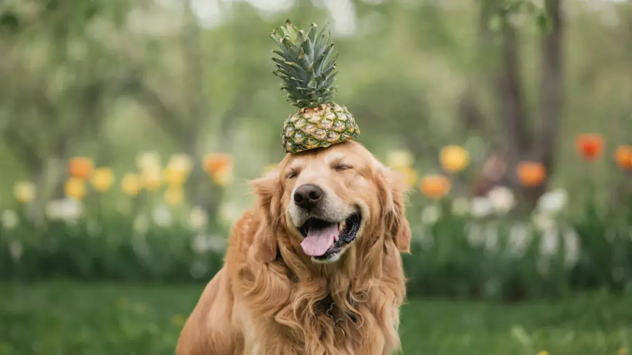 Ein fröhlicher Golden Retriever mit einer Ananas auf dem Kopf sitzt im Gras vor blühenden Blumen.