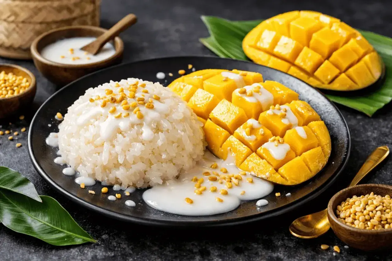 En tallrik med klibbigt ris, färsk mango i kuber och en krämig kokossås. Toppad med krispiga frön, en härlig kombination av friterat rispapper och mango.