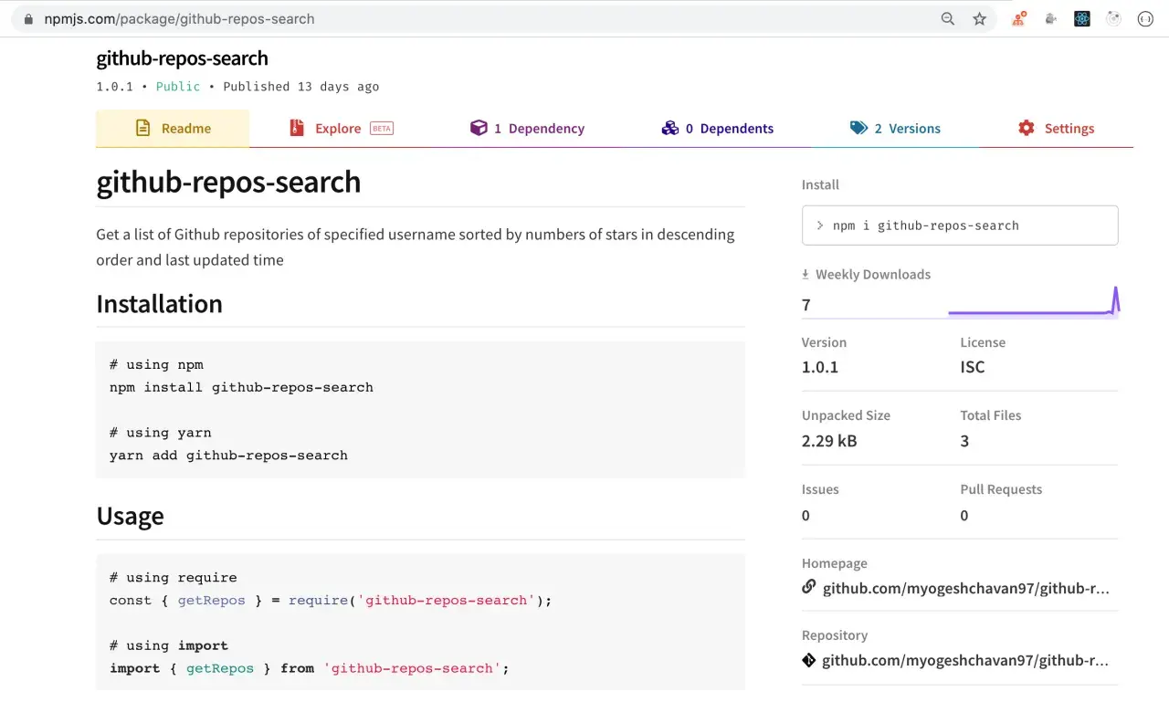 Page npmjs.com pour le package `github-repos-search`. Installation via `npm install github-repos-search`.