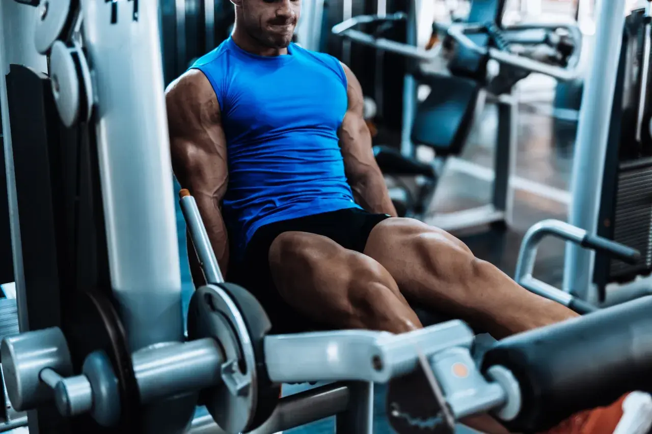 Muskulöser Mann trainiert Beine an einem Gerät. Perfekt für intensives HIIT Training zuhause oder im Gym.