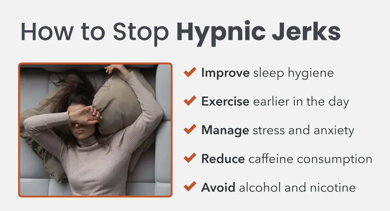 A woman rests uncomfortably, covering her eyes. The image lists ways to stop hypnic jerks, assuring you can't die from them.
