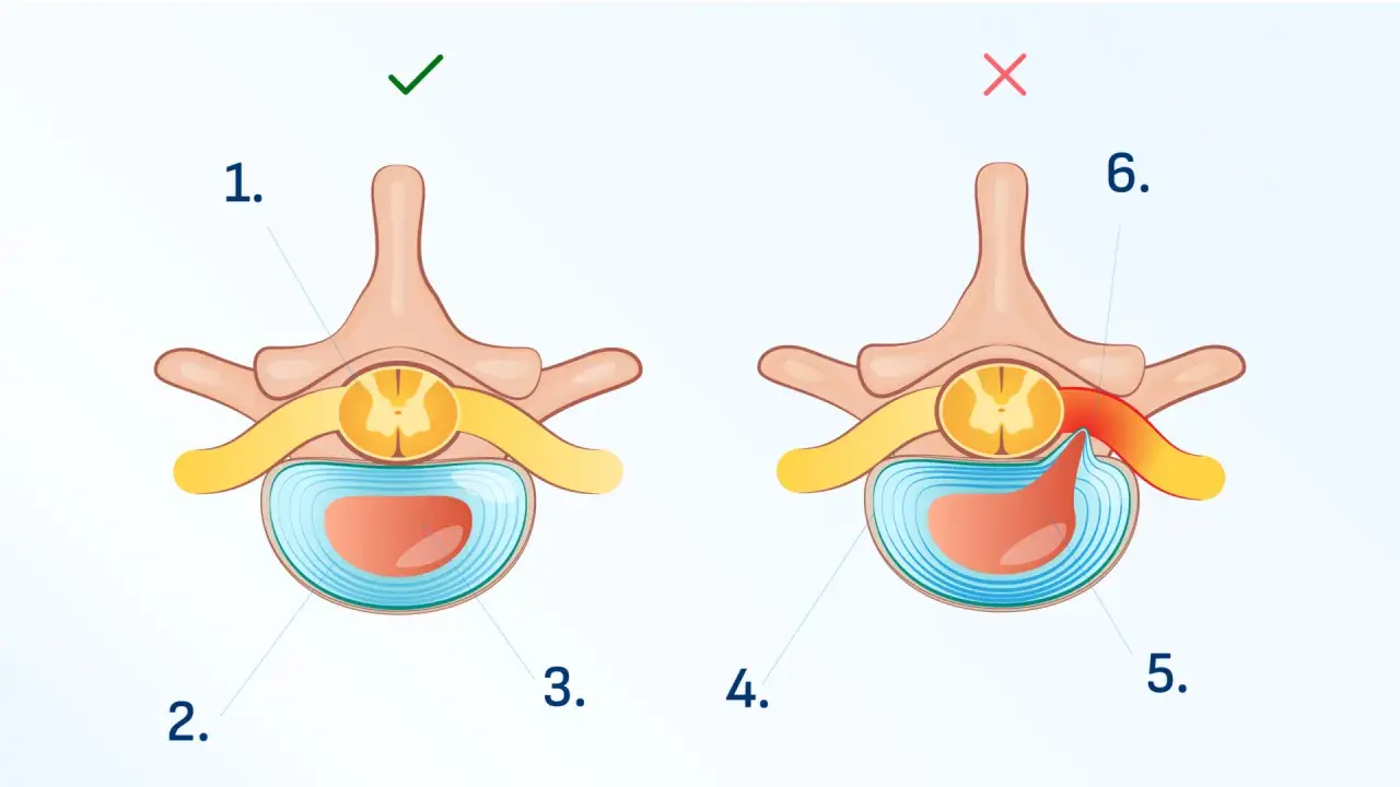 Ilustracja porównująca prawidłowy dysk międzykręgowy z wypadniętym, uciskającym nerw.