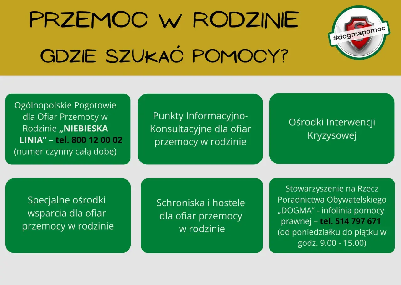 Gdy życie ci niemile, szukaj pomocy! Plakat informuje o miejscach wsparcia dla ofiar przemocy w rodzinie: infolinia, punkty konsultacyjne, ośrodki interwencji, schroniska.
