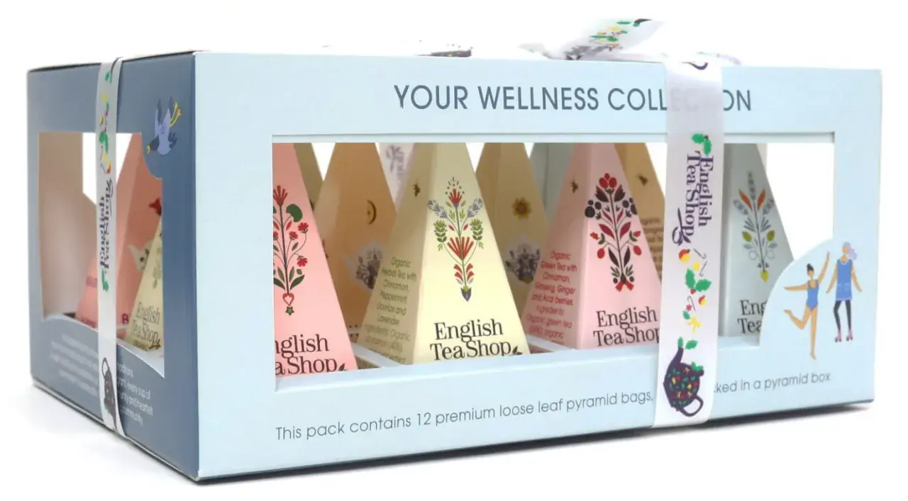 Kolekcja wellness English Tea Shop: 12 piramidek z herbatą w pudełku.