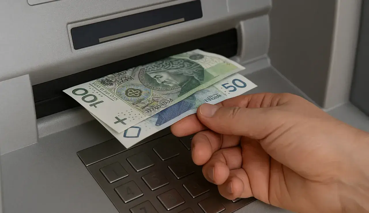 Dłoń wyjmuje banknoty 100 i 50 zł z bankomatu. Czy współwłaściciel konta może wypłacić pieniądze po śmierci właściciela?