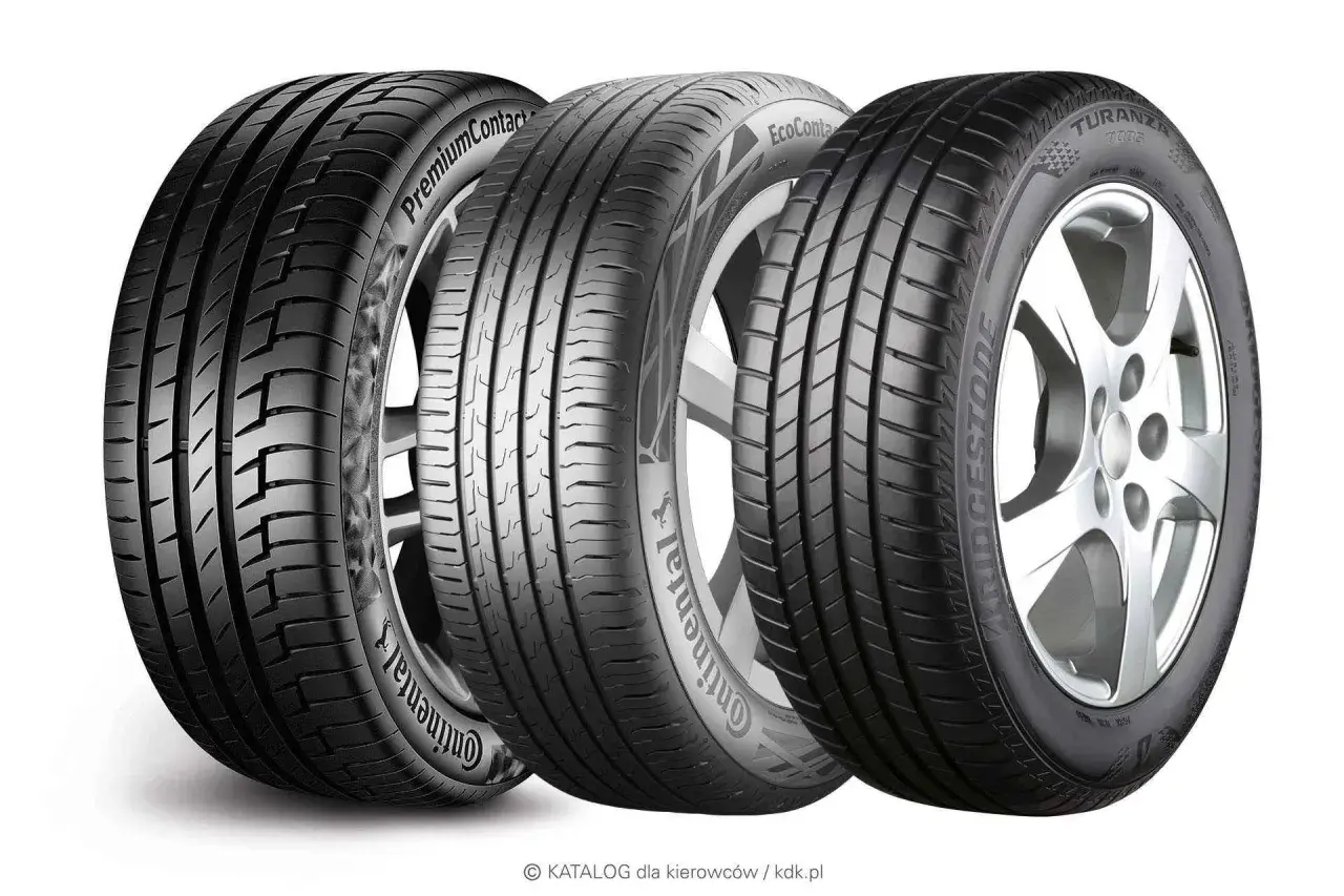 Trzy opony samochodowe, w tym opony samouszczelniające Continental i Bridgestone, prezentowane na białym tle.
