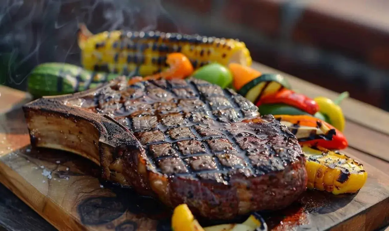 Un succulent côte de bœuf barbecue, grillé à la perfection, servi avec des légumes colorés et du maïs grillé.