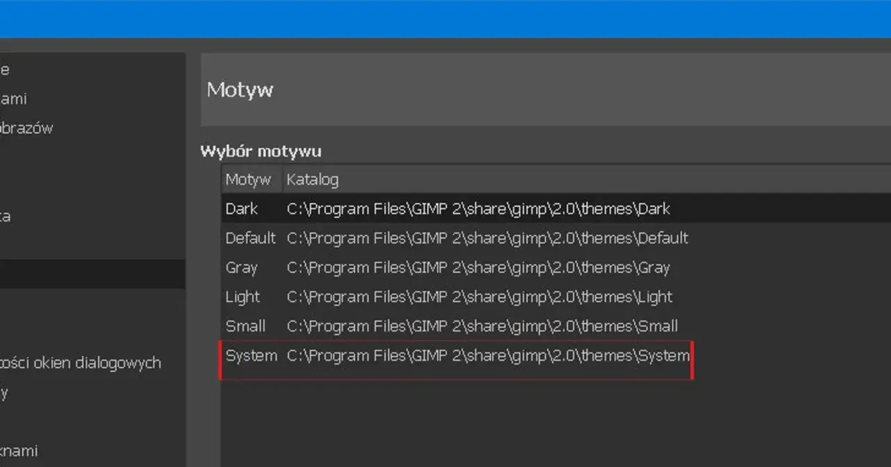 GIMP podstawy: wybór motywu interfejsu. Widoczna lista dostępnych motywów, w tym "System", zlokalizowanych w katalogu GIMP.