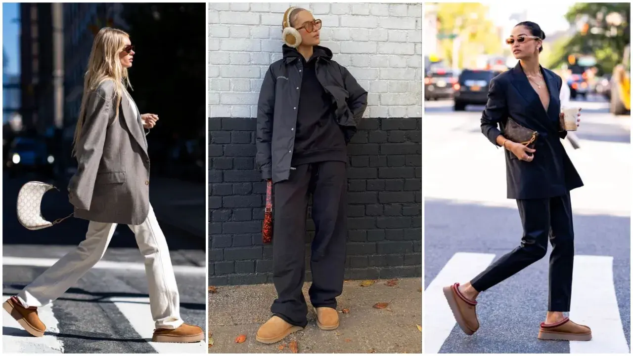 Trois femmes montrent comment s'habiller avec des Ugg : en blazer chic, en tenue décontractée ou en costume élégant.