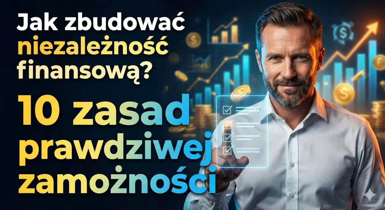 Mężczyzna z listą zadań w tle wykresów i monet. Jak zbudować niezależność finansową? 10 zasad prawdziwej zamożności.
