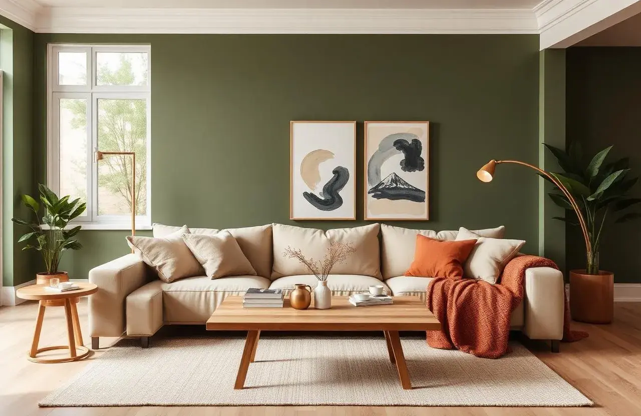 Gemütliches Wohnzimmer mit beiger Couch, Holztisch und Kunstwerken. Orange Kissen und Decke zeigen, welche Farbe passt zu oliv.