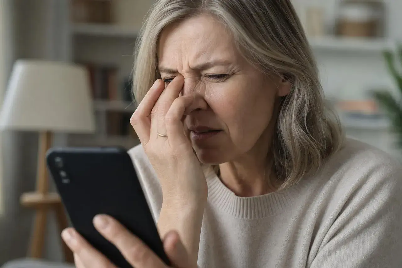 Donna con smartphone che si tocca gli occhi, forse per problemi alla vista, sintomi di affaticamento visivo.