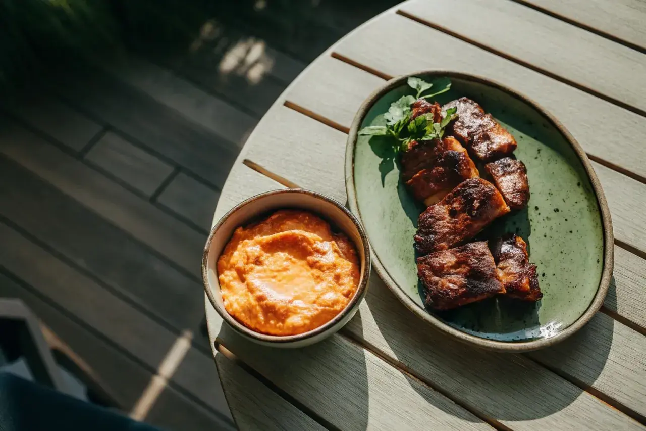 En skål med krämig röra, troligen med creme fraiche, fetaost och soltorkade tomater, bredvid en tallrik med grillad fisk.