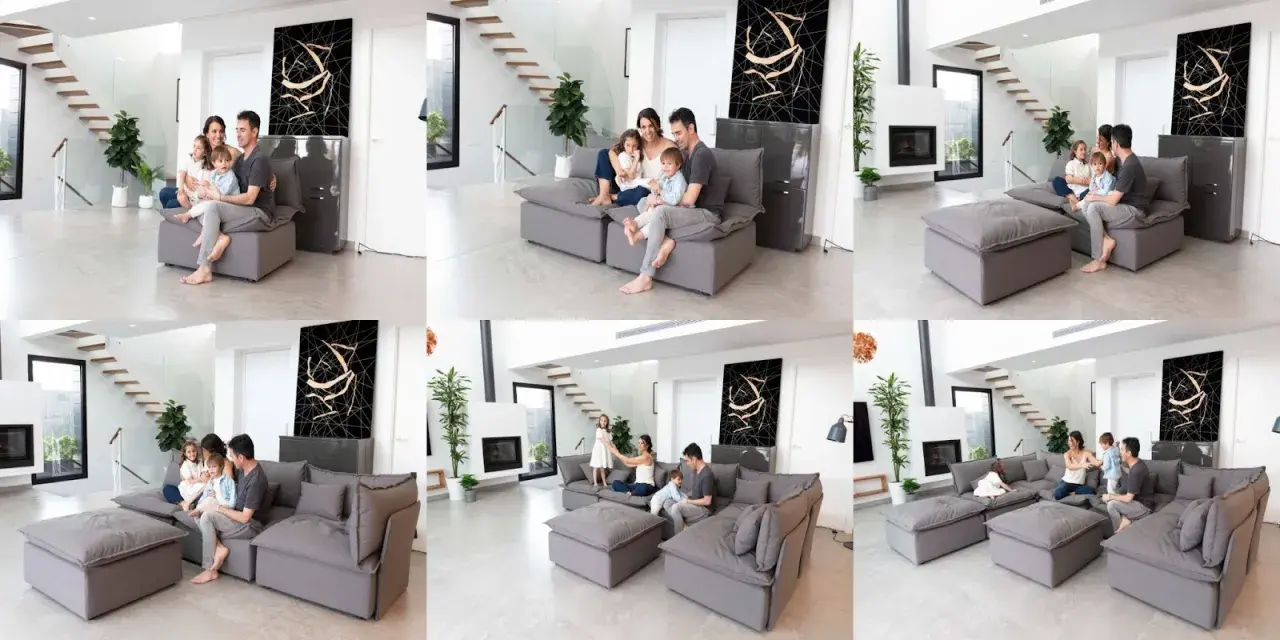 Familia disfrutando de un momento de paz en su moderno centro de relax, con un sofá modular gris y una escalera de diseño.