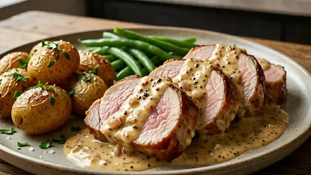 Tranches de filet mignon en sauce crémeuse, accompagnées de pommes de terre rôties et de haricots verts. Un plat savoureux.