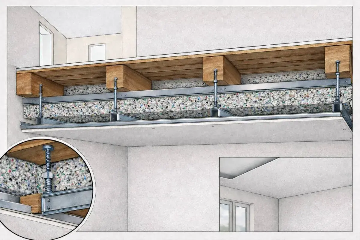 Dettaglio costruttivo per insonorizzare soffitto: isolante tra travetti in legno e controsoffitto metallico sospeso.