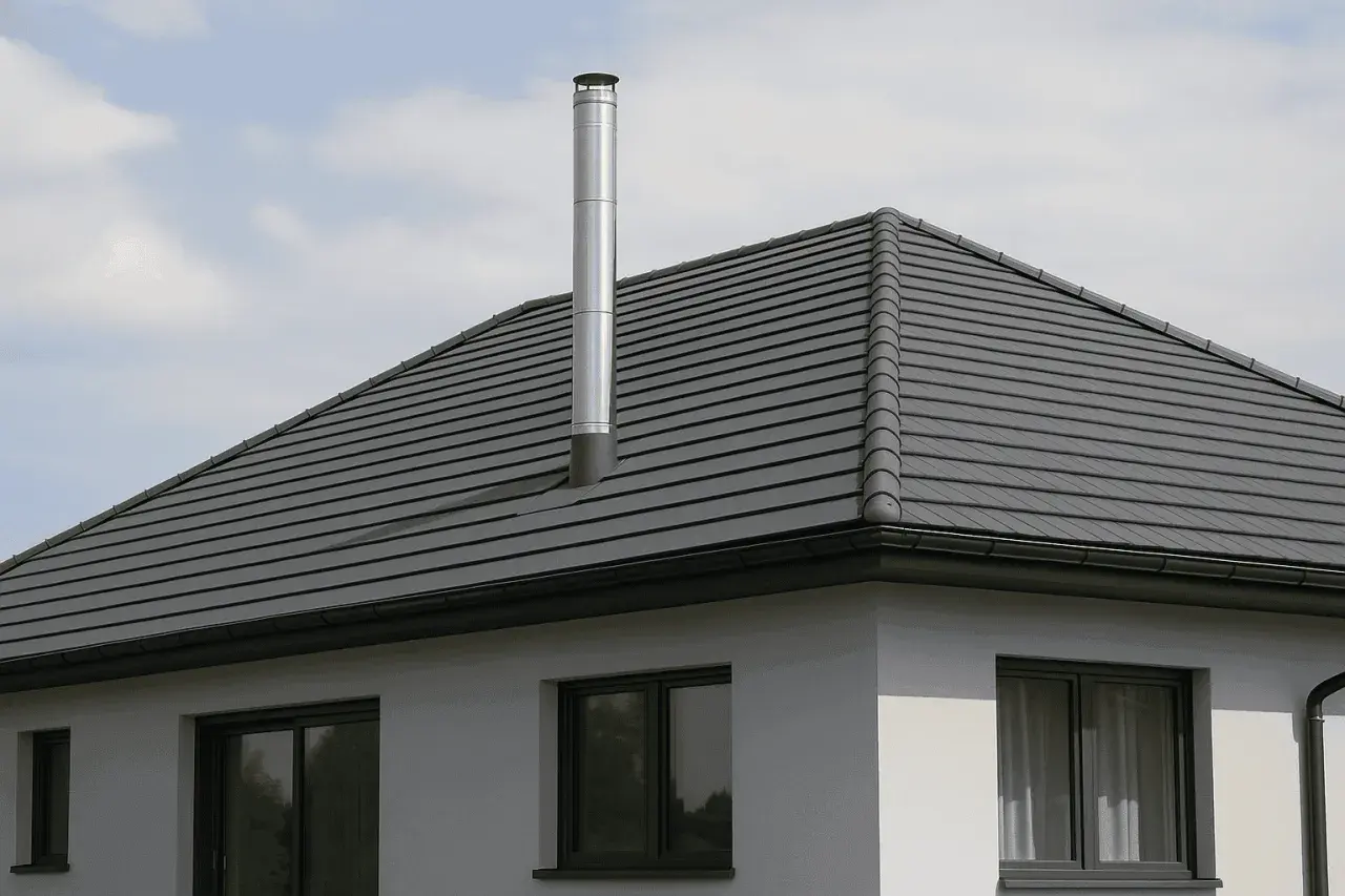 Nowoczesny komin systemowy na dachu z szarej dachówki. Wymiary komina są standardowe dla tego typu budownictwa.