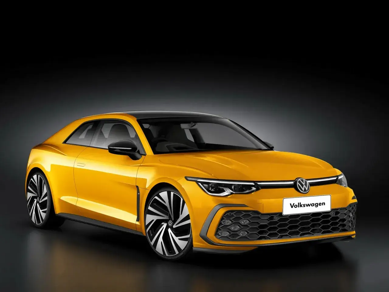 Żółty Volkswagen Corrado z czarnym dachem i felgami, prezentujący sportowy design.