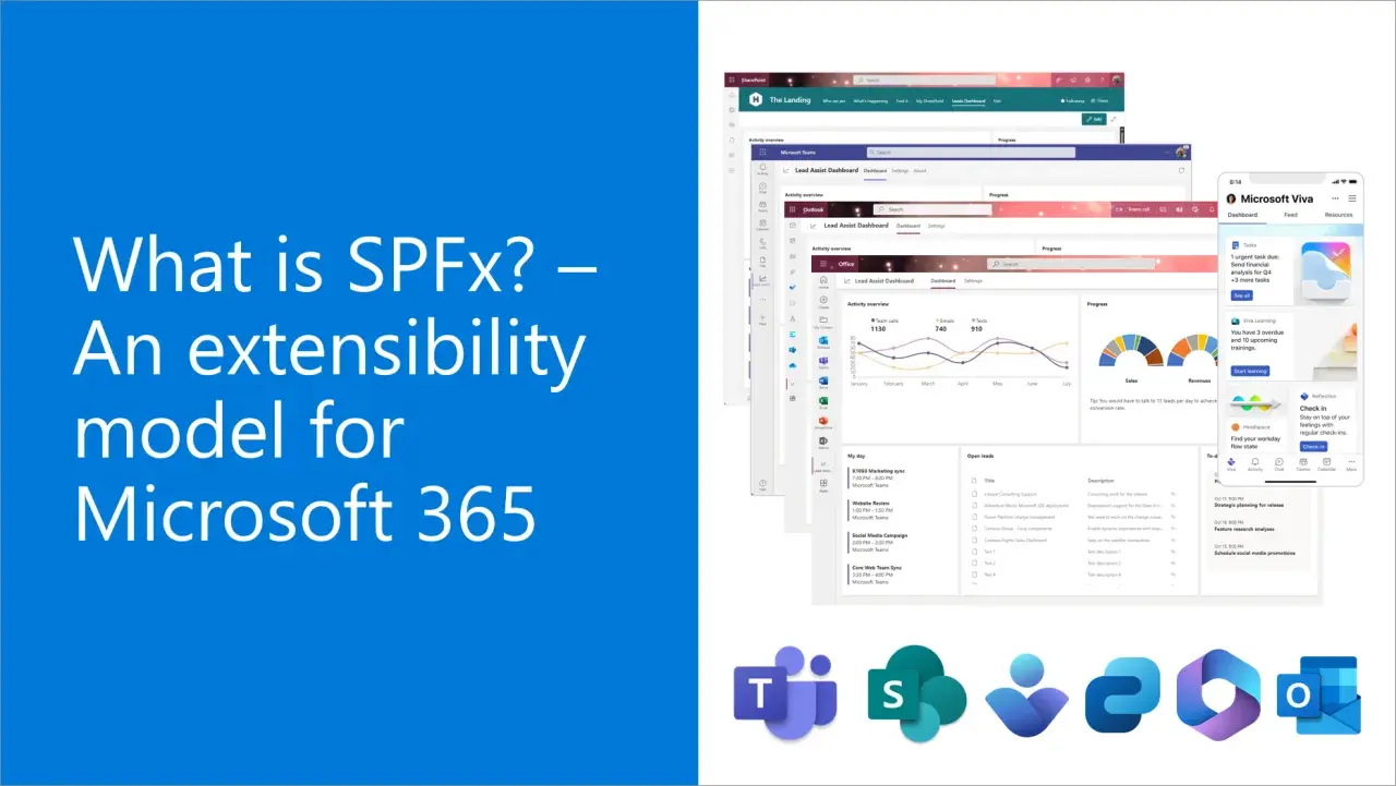 Le **sharepoint framework** (SPFx) est un modèle d'extensibilité pour Microsoft 365, illustré par des tableaux de bord et des applications.