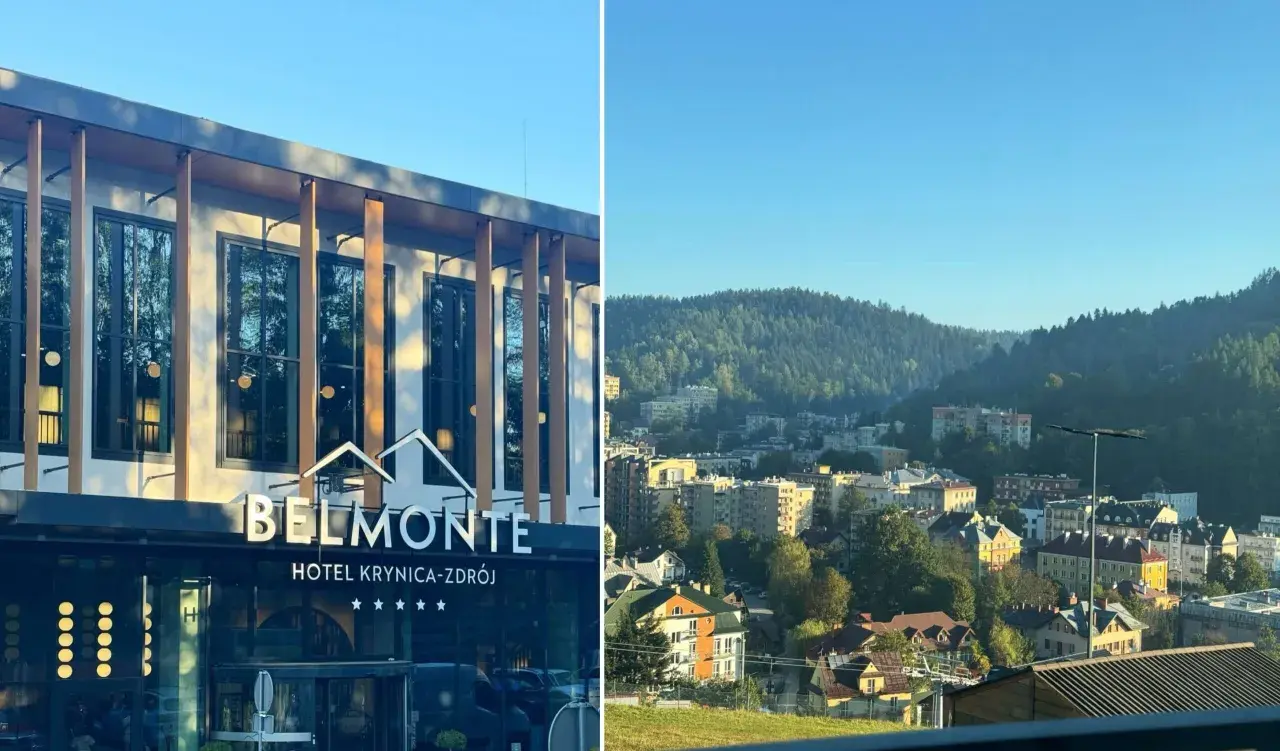 Nowoczesny hotel Belmonte w Krynicy-Zdroju z widokiem na górskie miasteczko.