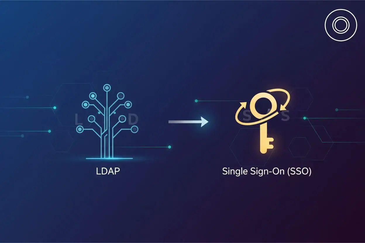 Illustration comparant LDAP, un arbre de connexions, à un SSO, une clé dorée symbolisant l'accès unique.
