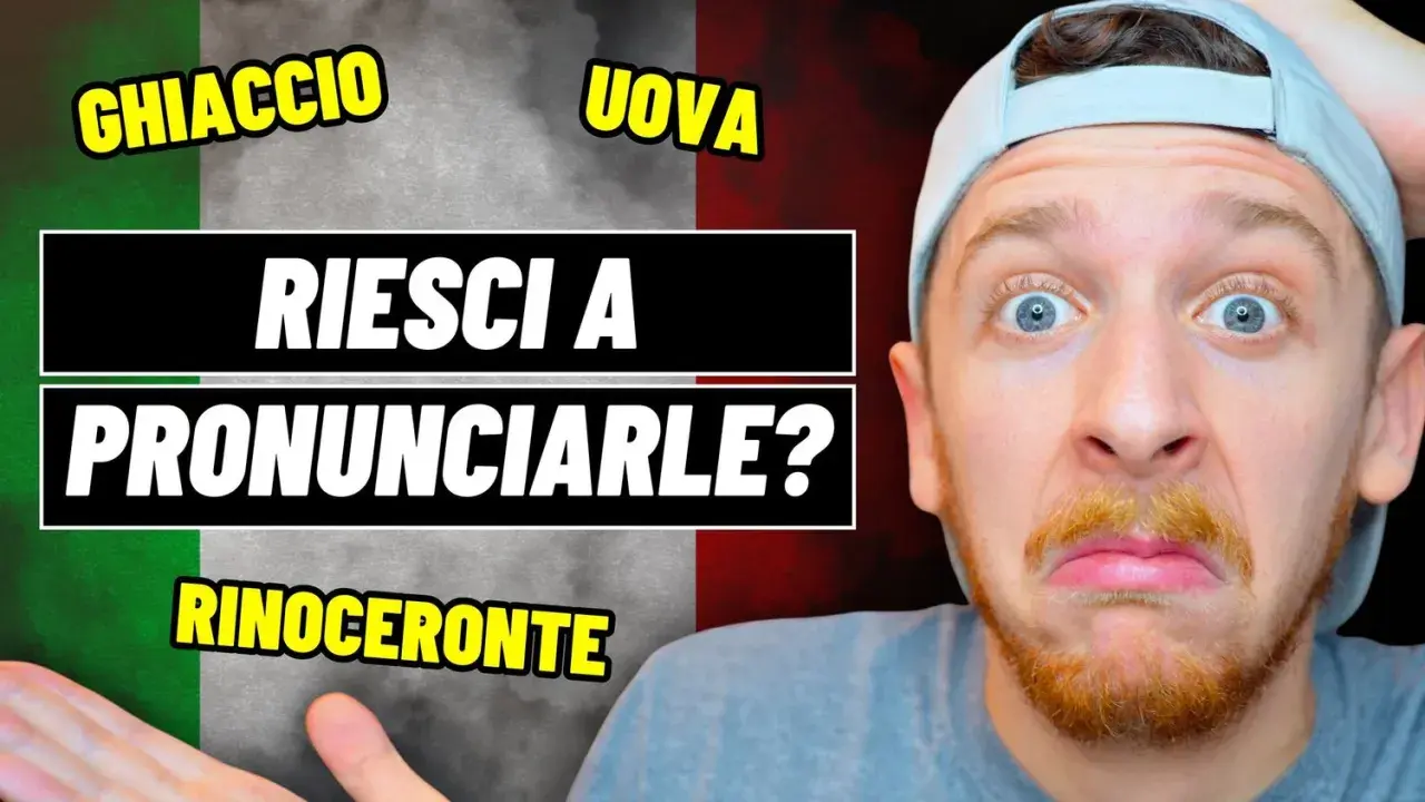 Uomo con espressione confusa davanti alla bandiera italiana, con scritte che sfidano a pronunciare parole lunghe e difficili come "Rinoceronte".