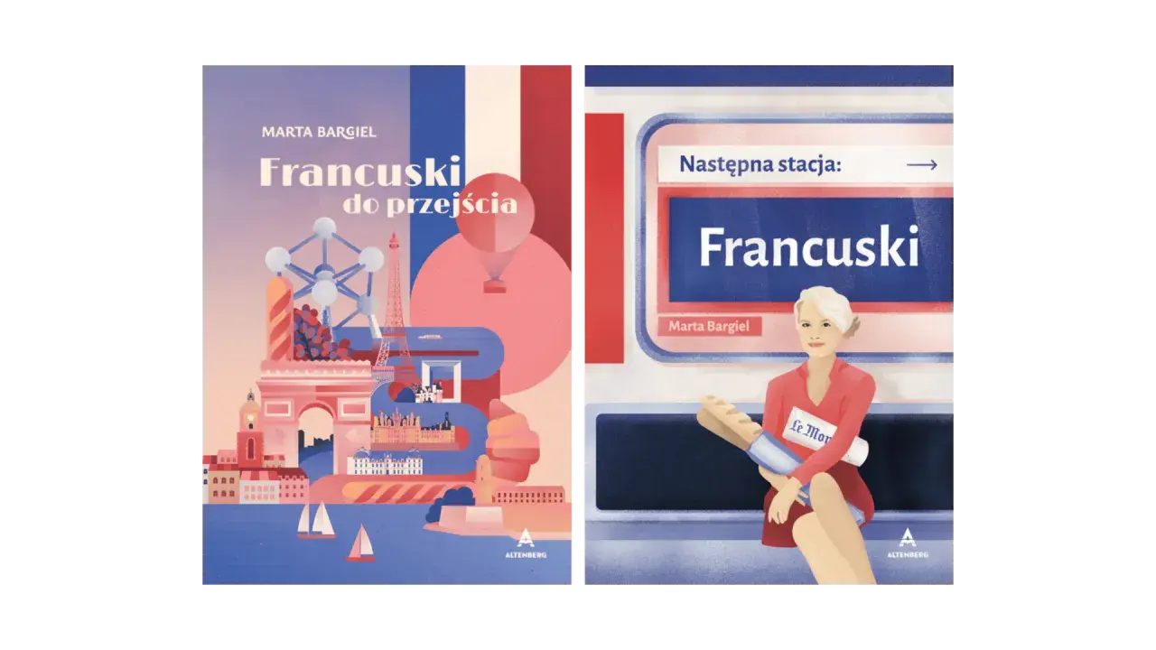 Okładki książek o nauce języka francuskiego. Jedna z Paryżem, druga z kobietą z bagietką w metrze. Podstawy francuskiego.