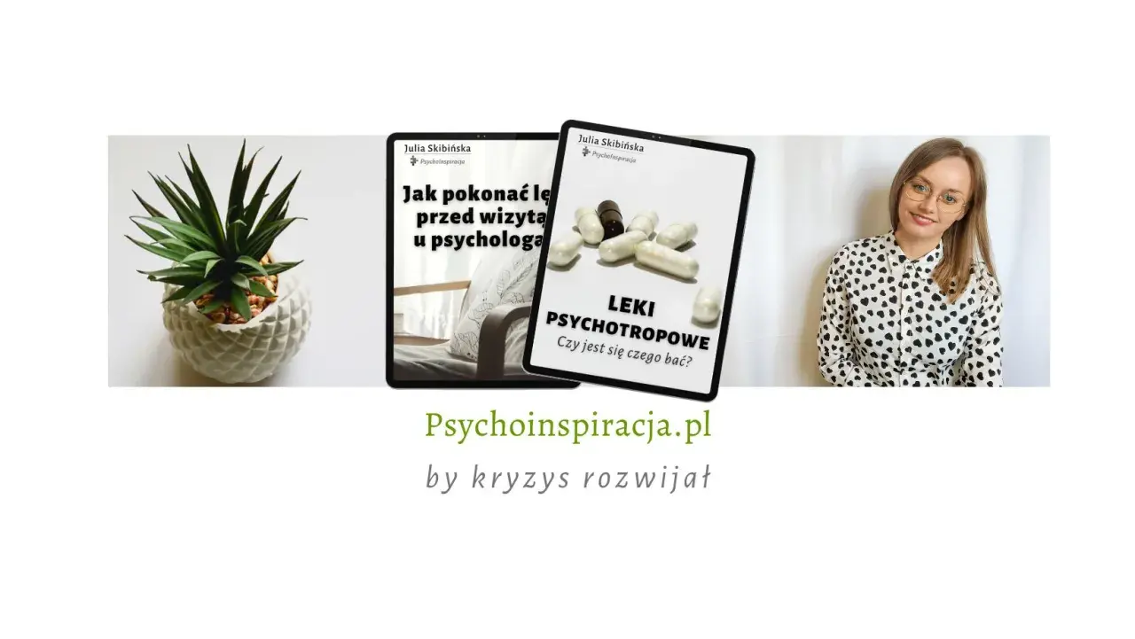 Książki o stresie i lęku: "Jak pokonać lęk przed wizytą u psychologa" i "Leki psychotropowe". Obok młoda kobieta i roślina.