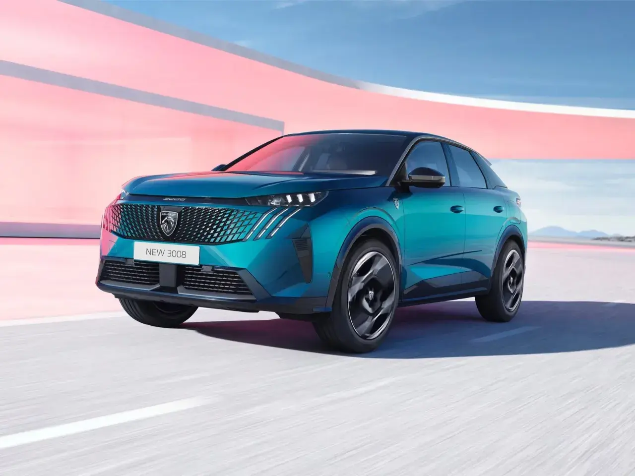 Nowy Peugeot 3008 hybryda w turkusowym kolorze, z nowoczesnym grillem i światłami LED, pędzi po drodze.